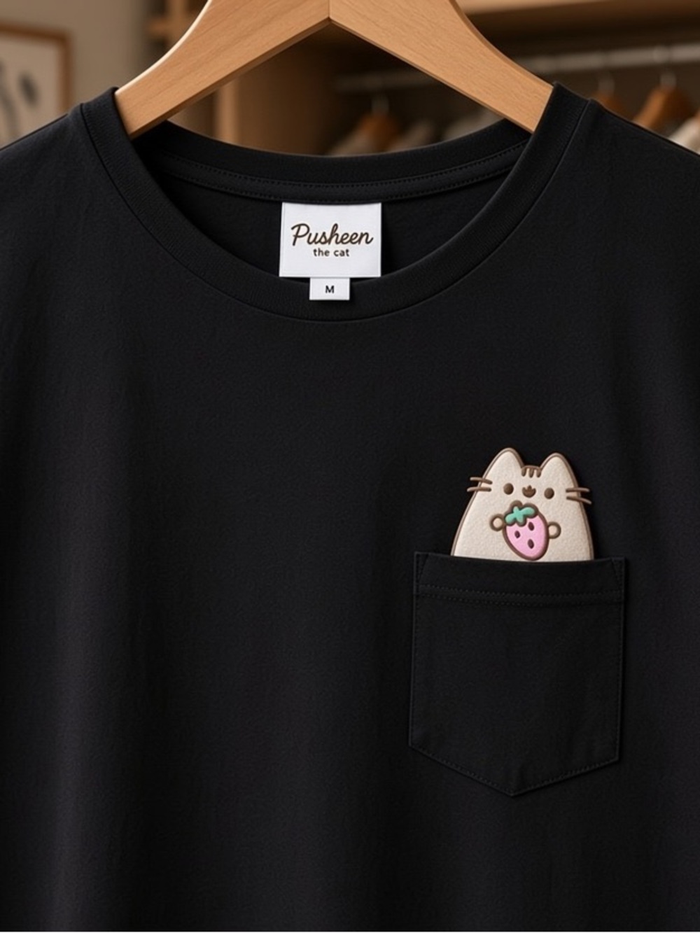 Pusheen Black Pocket Tee with Strawberry small women medium youth